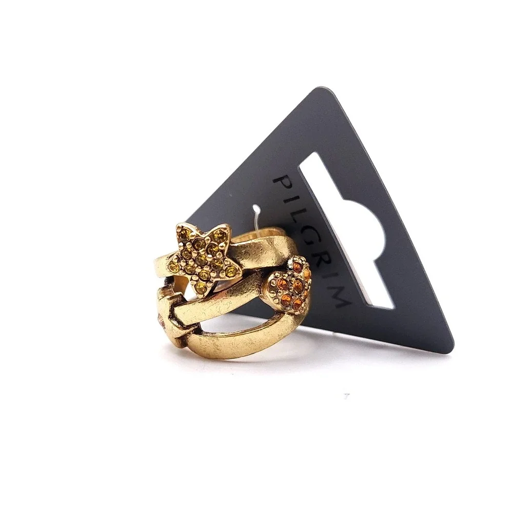 Pilgrim Swarovski Crystal Star Heart Ring Gold Tone Size 6.25 NWT